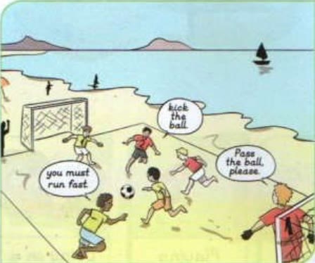 Picture 3: the boys play football on the beach: kick the ball, pass the ball please, you must run fast